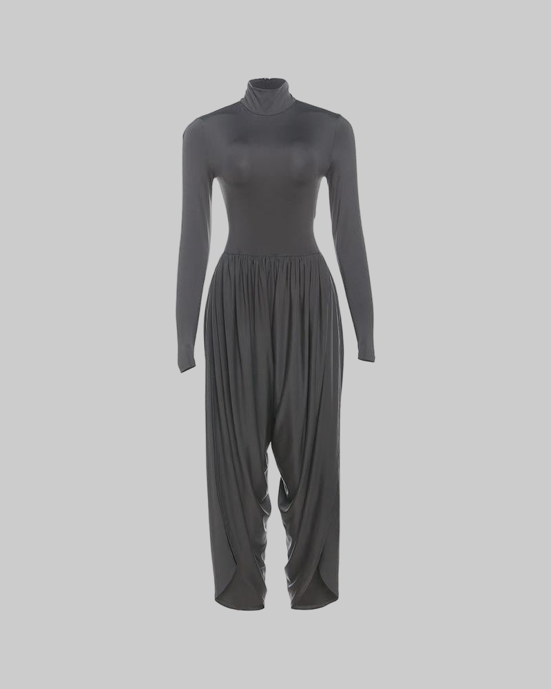 Black Fall Women Clothing Slim Fitting Cool Turtleneck Solid Color Long Sleeve Pleated Jumpsuit - Modestly Vogue 