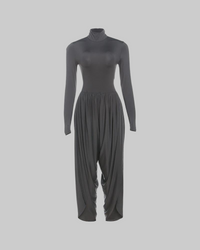 Black Fall Women Clothing Slim Fitting Cool Turtleneck Solid Color Long Sleeve Pleated Jumpsuit - Modestly Vogue 