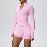 Stand Collar Knitted Long Sleeve Zipper Yoga Jacket Tight Quick Drying Yoga Shorts Fitness Yoga Wear Set for Women - Modestly Vogue 