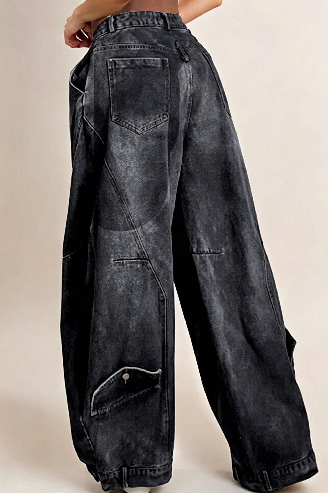 Washed Distressed Pocket Wide Loose Jeans Women