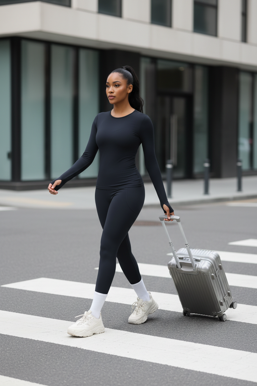 Black Studio Sculpt Solid Color Long Sleeve Pocket Yoga Set