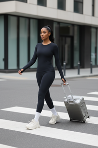 Black Studio Sculpt Solid Color Long Sleeve Pocket Yoga Set