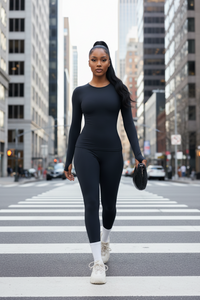 Black Studio Sculpt Solid Color Long Sleeve Pocket Yoga Set