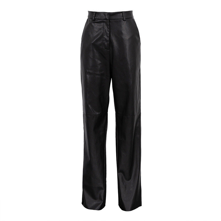Women’s Spring Faux Leather High Waist Hip Lifting Straight Pants