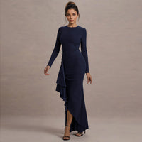Private Wear Socialite Long Sleeve Thin Strap Slim Dress Autumn Winter Ruffled Maxi Dress - Modestly Vogue 
