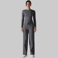Nude Feel Skin Long Sleeve Yoga Workout Clothes Pocket Running Sports Drawstring Wide Leg Pants Sets - Modestly Vogue 