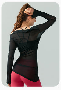 Long Sleeve Mesh Yoga Blouse Off-Shoulder Sports Top