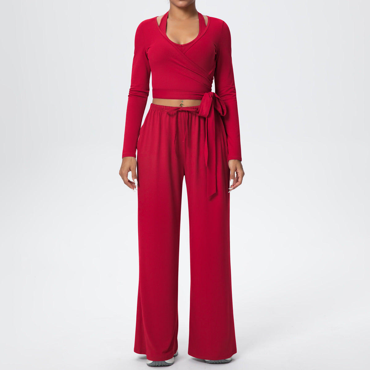 Brushed Quick Drying Yoga Suit Sling Beautiful Back Strap Long Sleeve Hammer Yoga Trousers Three Piece Set - Modestly Vogue 