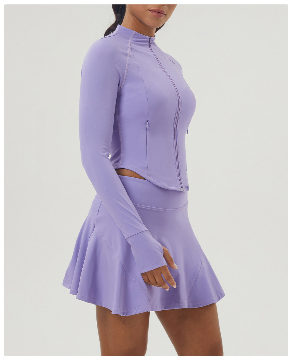 Sports Tennis Skirt Set Pocket Zipper Jacket High Elastic Casual Culottes Two Piece Set - Modestly Vogue 
