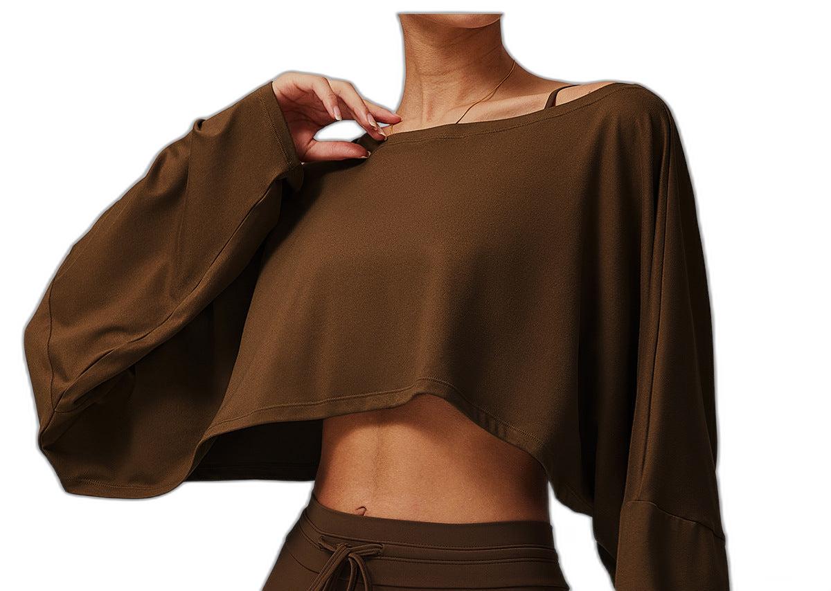 Off Shoulder Cropped Batwing Sleeve Long Sleeve Yoga Top - Modestly Vogue 