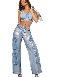 Blue Women Clothing Silver Craft Stretch Denim Multi Pocket Overalls - Modestly Vogue 