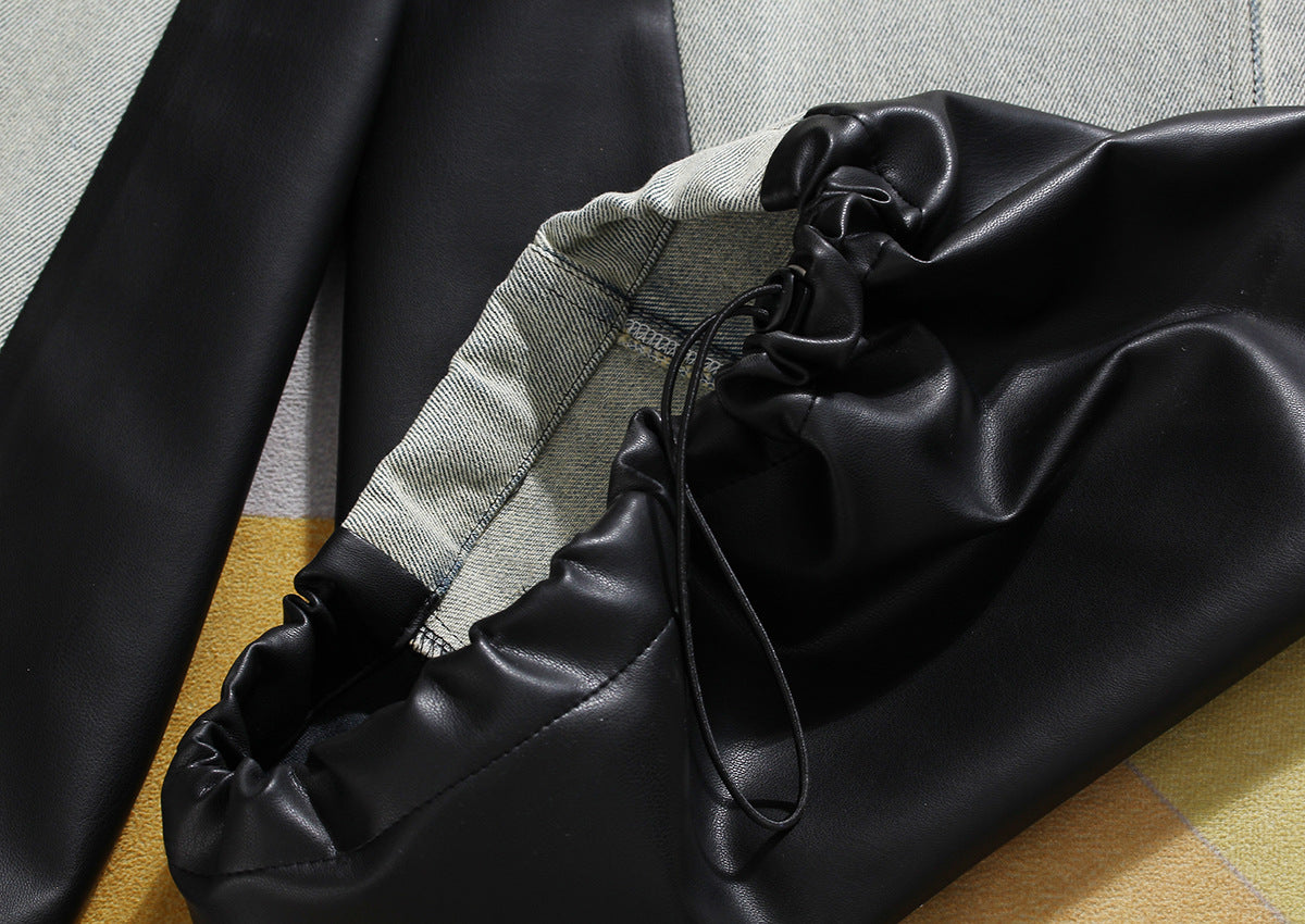 Niche Contrast Color Jeans Women Winter Thick Loose Retro Washed Stitching Contrast Color Leather Wide Leg Pants - Modestly Vogue 