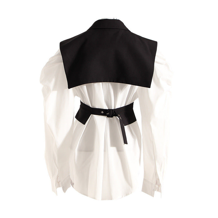 Black Elegant Outfit Slimming Puff Sleeve White Shirt Waist Trimming Lace up Two Piece Vest Set