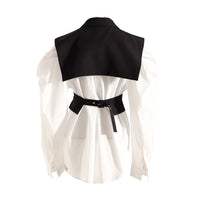 Black Elegant Outfit Slimming Puff Sleeve White Shirt Waist Trimming Lace up Two Piece Vest Set