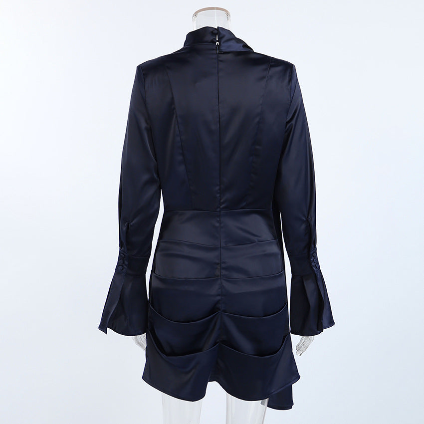 Autumn Winter Irregular Asymmetric Navy Blue Long-Sleeved Dress Women Slim Slimming Sheath - Modestly Vogue 