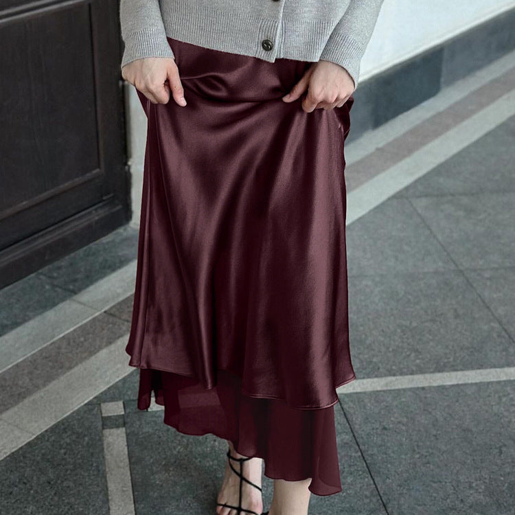 Women Clothing Satin Skirt Women Spring Summer Patchwork Mesh Double Layer Design Sheath - Modestly Vogue 