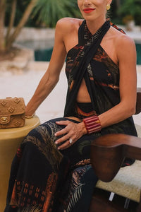 Summer Vintage Print Straight Wide Leg Pants Cross Halterneck Top Two Piece Sets - Modestly Vogue 