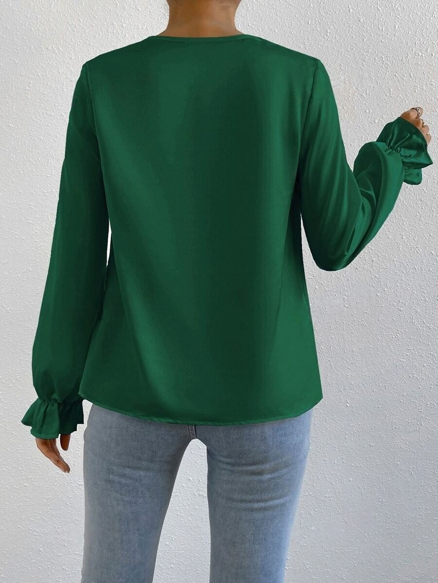 Women’s Ruffle Sleeve Satin Shirt – Elegant Long Sleeve Blouse - Modestly Vogue 