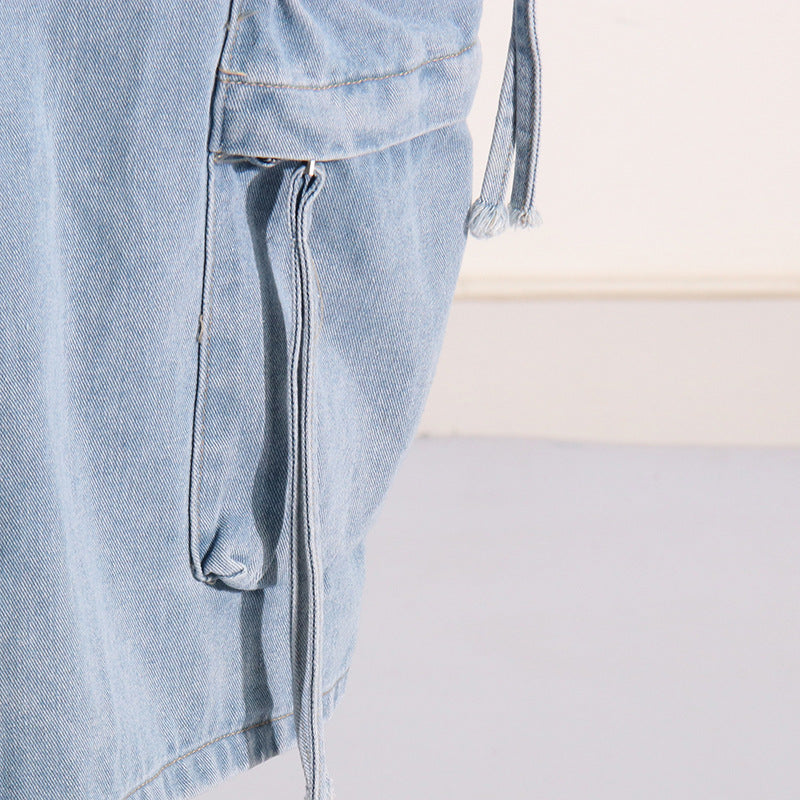 Distressed Retro Washed Denim Skirt – High Waist Multi-Pocket - Modestly Vogue 