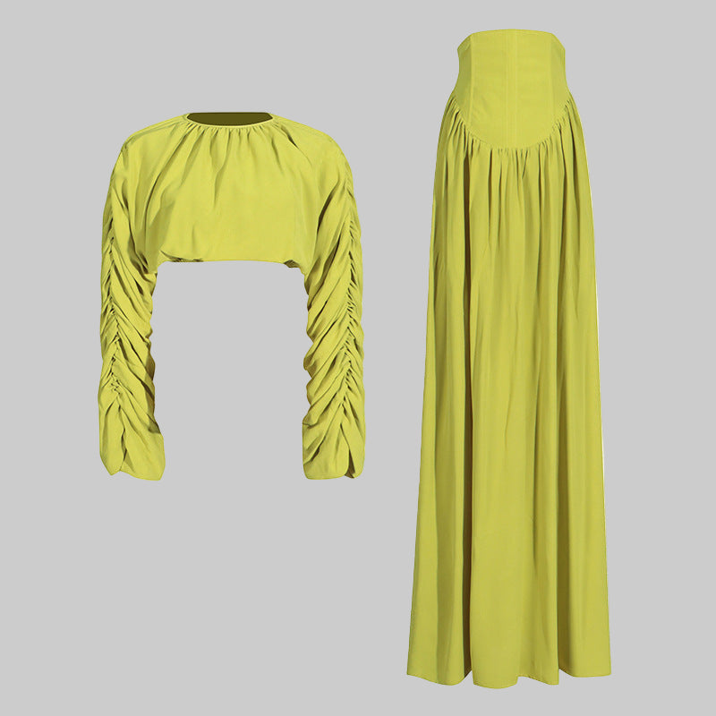 Lantern Sleeve Tied Top High Waist Drooping Skirt Two Piece Clothing - Modestly Vogue 