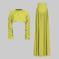 Lantern Sleeve Tied Top High Waist Drooping Skirt Two Piece Clothing - Modestly Vogue 