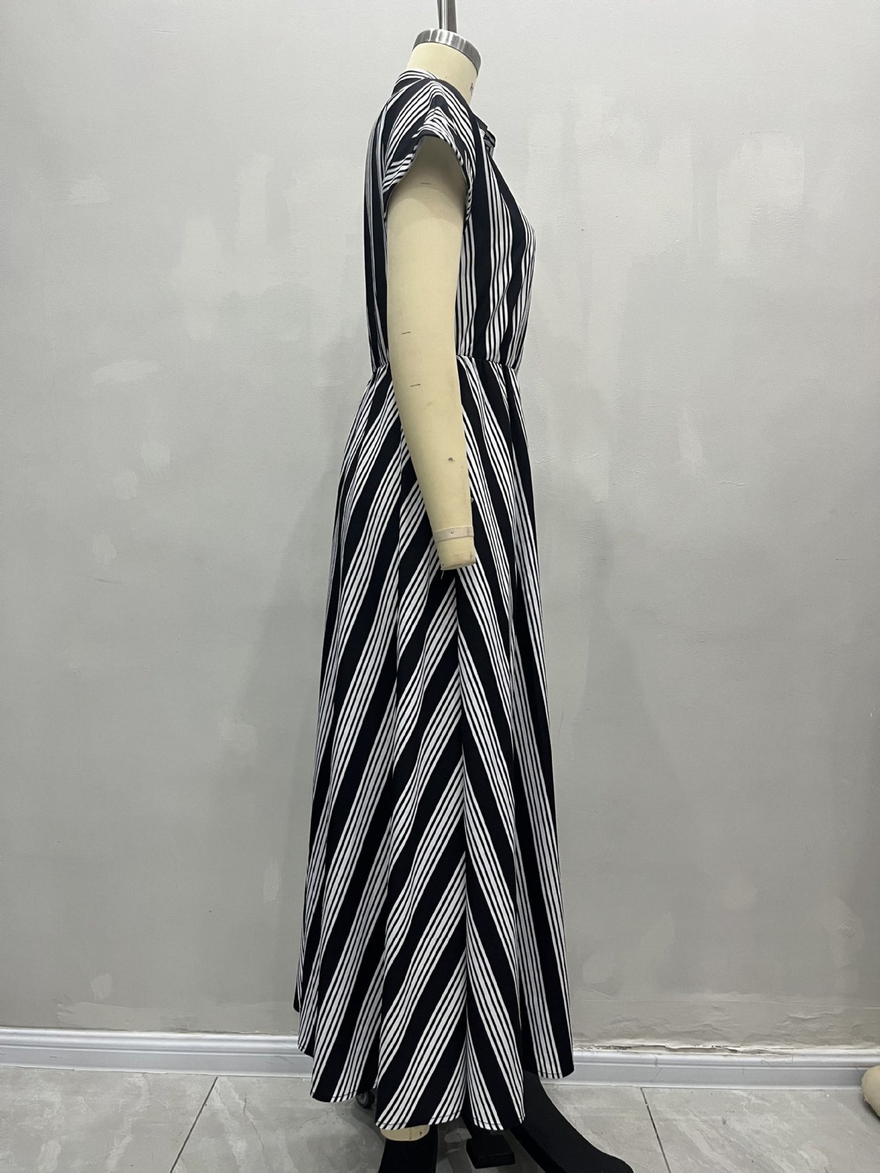 Elegant Women Clothing with Belt Short Sleeve Striped Shirt Dress - Modestly Vogue 