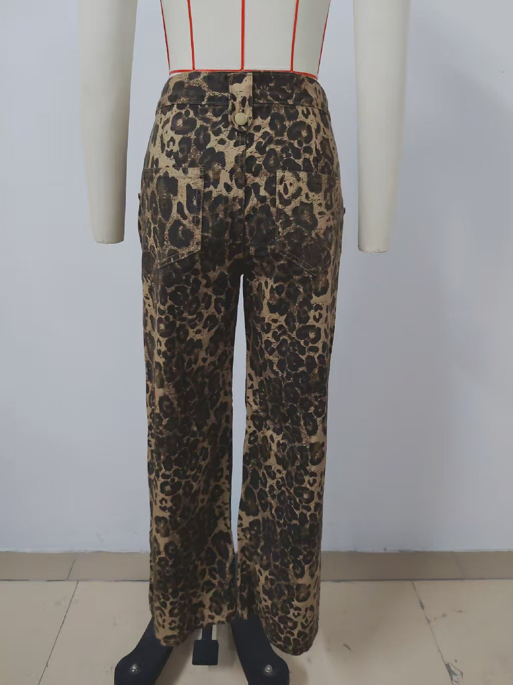 Washed Leopard Print Denim Long Sleeve Top Set for Women