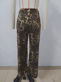 Washed Leopard Print Denim Long Sleeve Top Set for Women