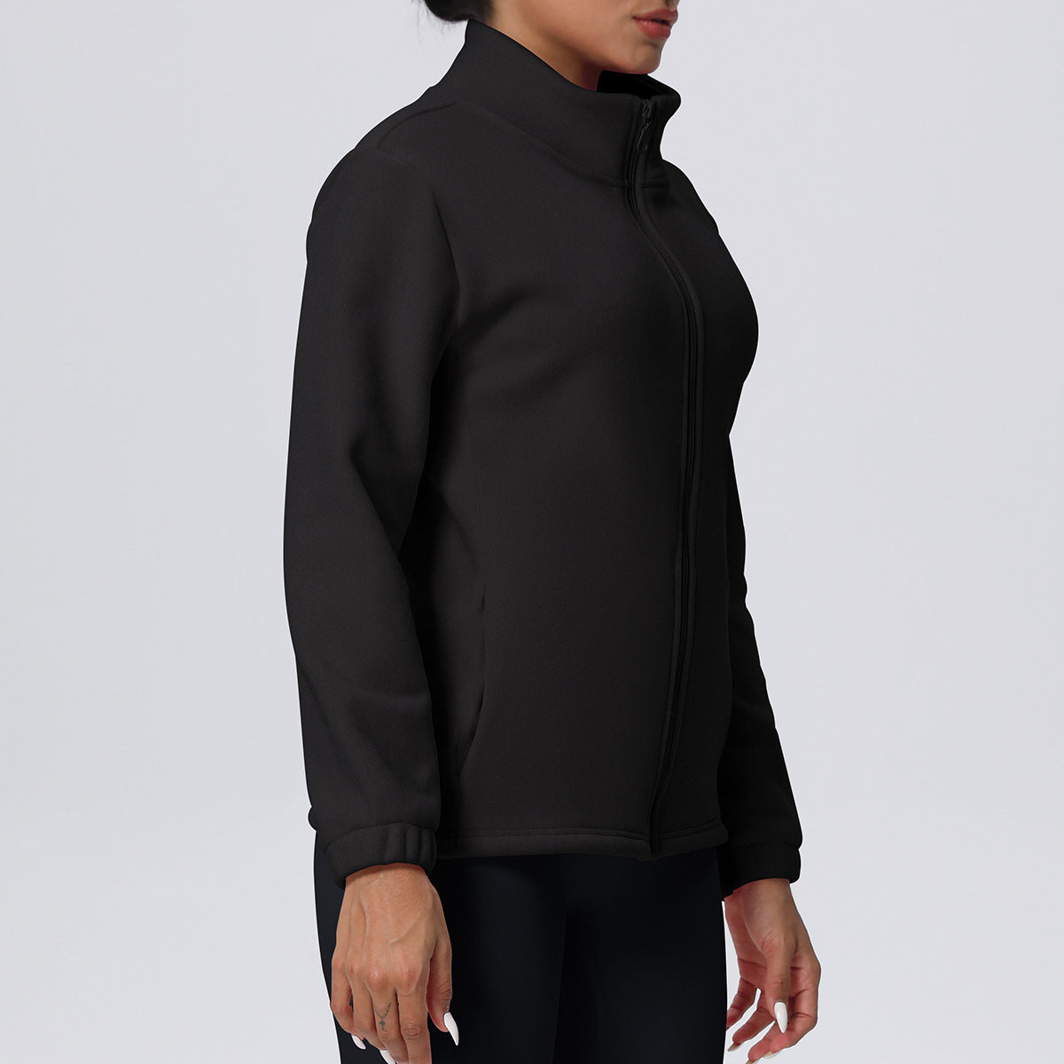 High Collar Warm Fleece Lined Zipped Sports Coat Loose Yoga Clothes Casual All Matching Women