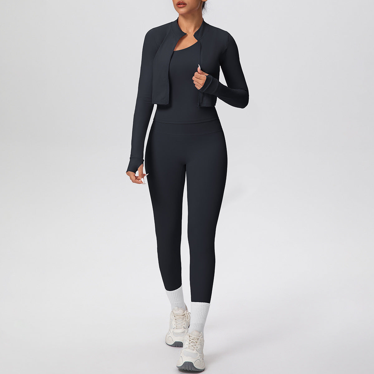 Women Solid Color Zip Long Sleeve Three Piece Yoga Set - Modestly Vogue 