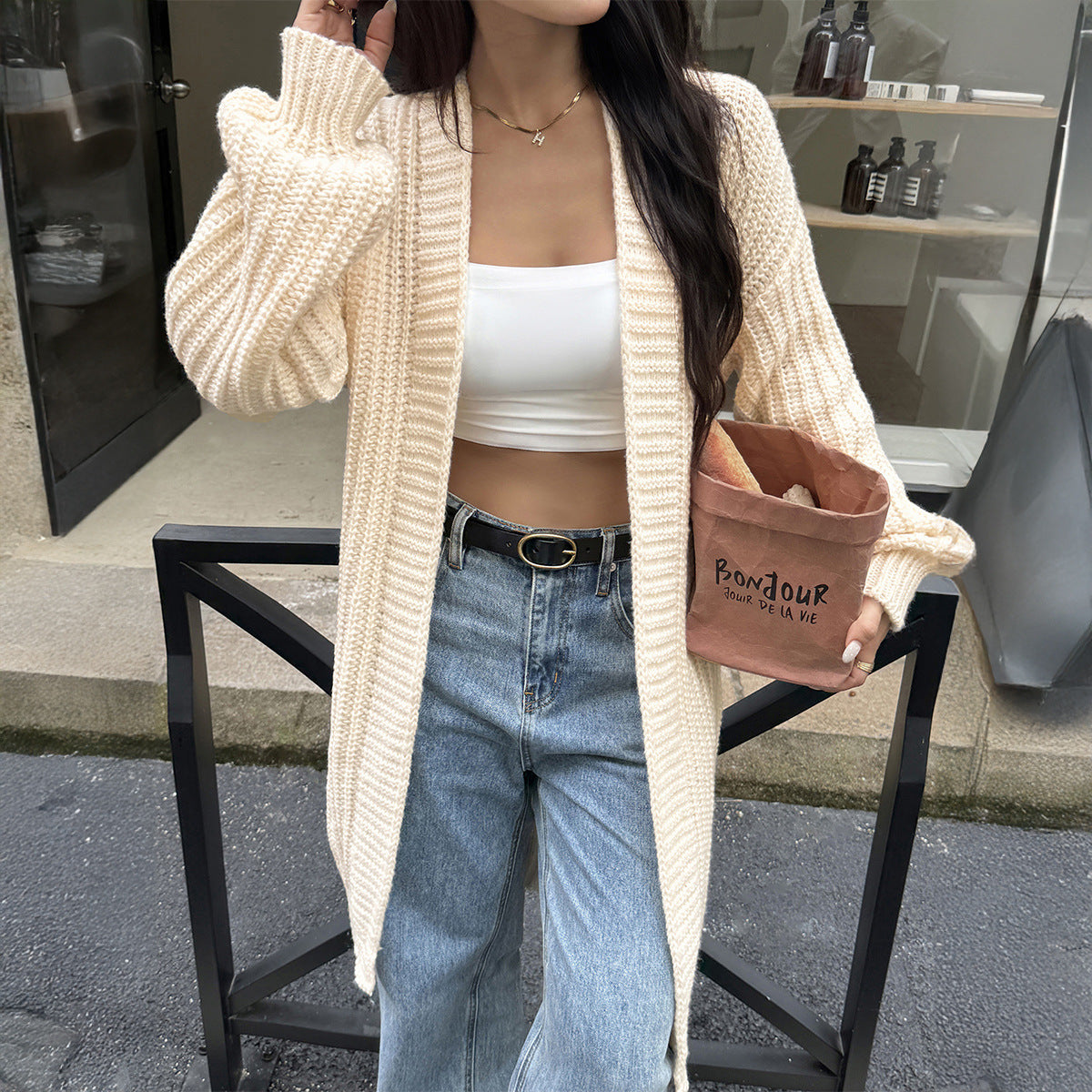 Neutral Long Cardigan Sweater - Modestly Vogue 