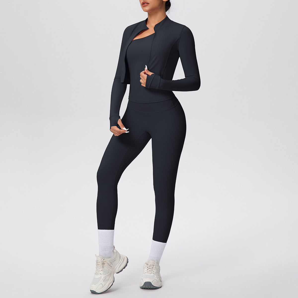 Women Solid Color Zip Long Sleeve Three Piece Yoga Set - Modestly Vogue 