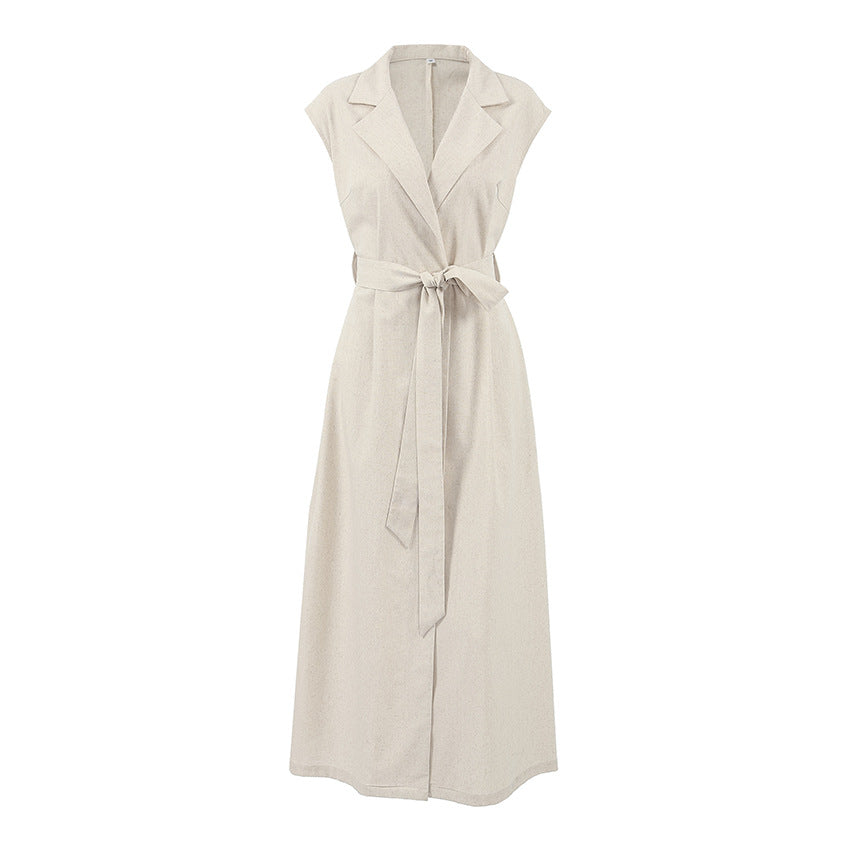Spring Summer Cotton Linen Belted Office Dress for Women - Modestly Vogue 