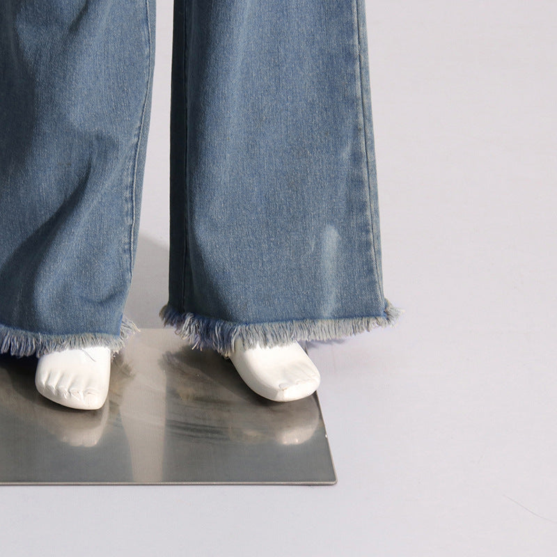 Blue Trendy Big Leaves Gold Accessories Stitching High Waist Wide Leg Jeans Women - Modestly Vogue 