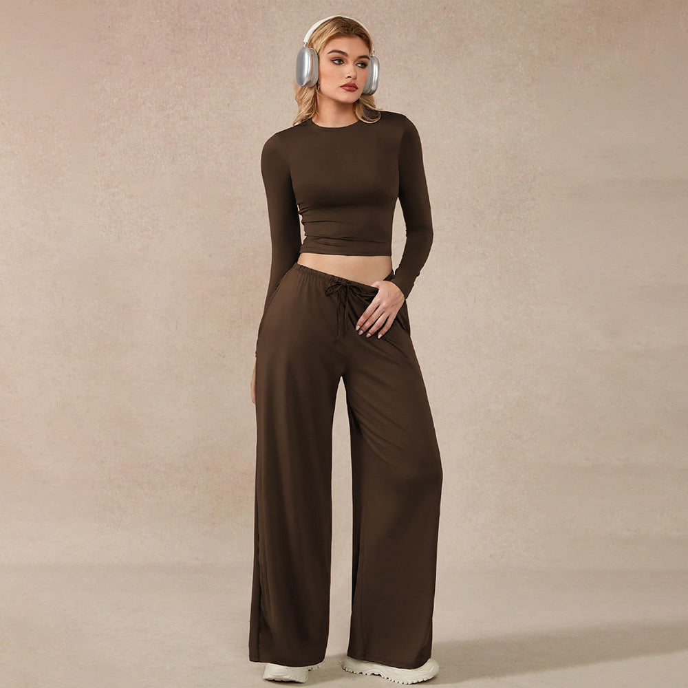 Women Two Piece Set Brown Long Sleeve Short Cropped Top Wide Leg Casual Pants Comfortable - Modestly Vogue 