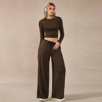 Women Two Piece Set Brown Long Sleeve Short Cropped Top Wide Leg Casual Pants Comfortable - Modestly Vogue 