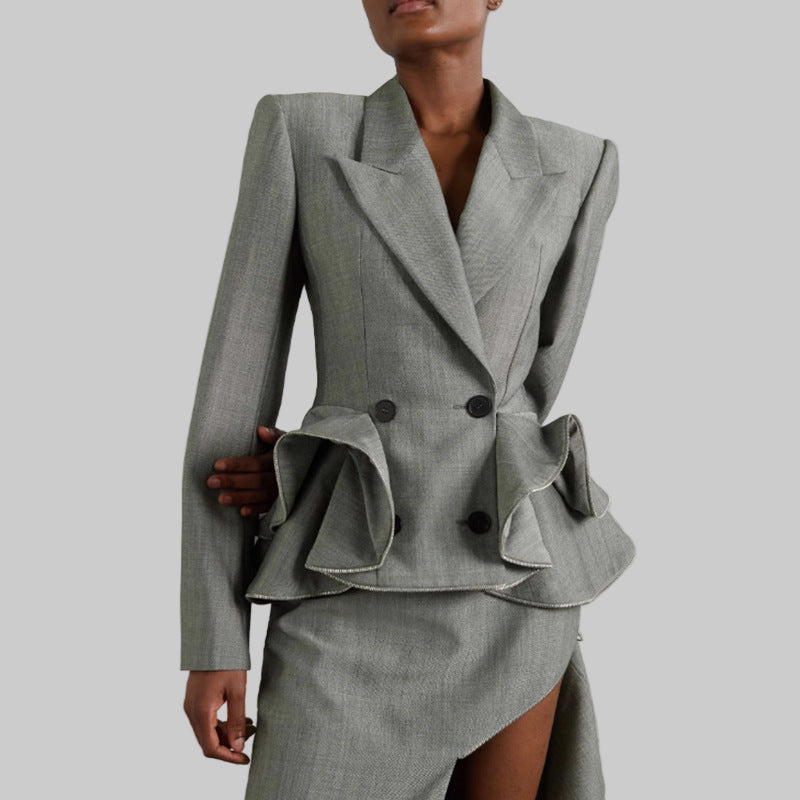 Elegant Double Breasted Ruffled Waist Short Blazer - Modestly Vogue 