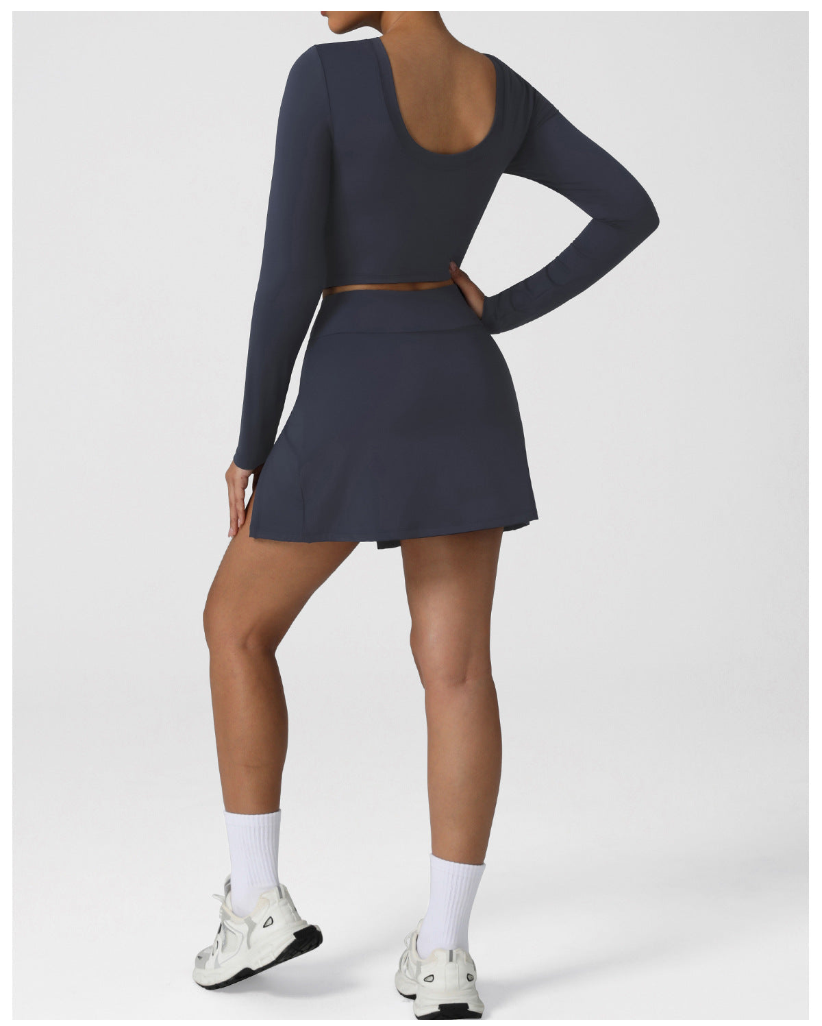 Nude Feel Tennis Women False Two Piece Skirted Leggings Slim Fit Sports Long Sleeved Top Set Outdoor Workout Clothes - Modestly Vogue 