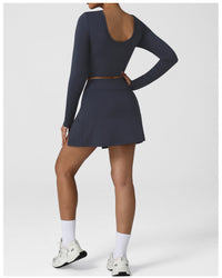 Nude Feel Tennis Women False Two Piece Skirted Leggings Slim Fit Sports Long Sleeved Top Set Outdoor Workout Clothes - Modestly Vogue 