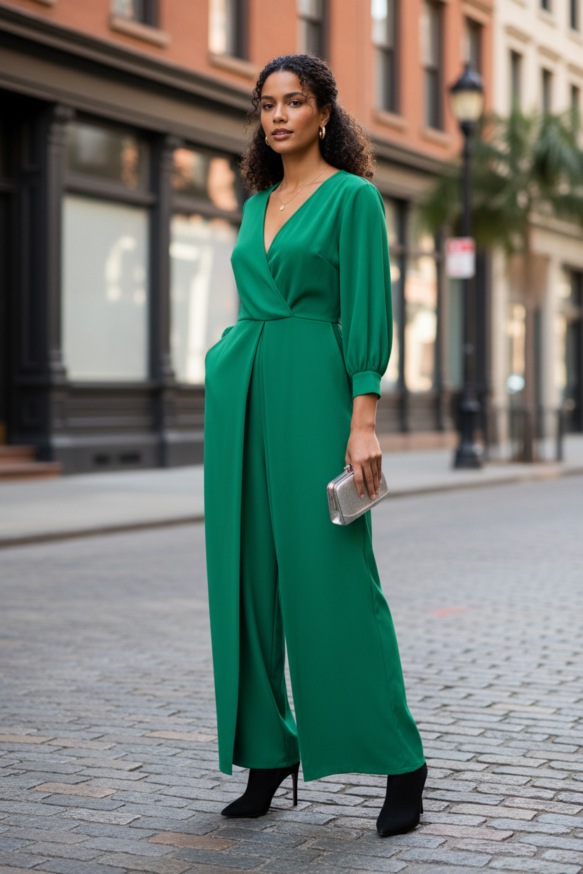 Women's Summer Solid V-Neck Long Sleeve Jumpsuit - Modestly Vogue 