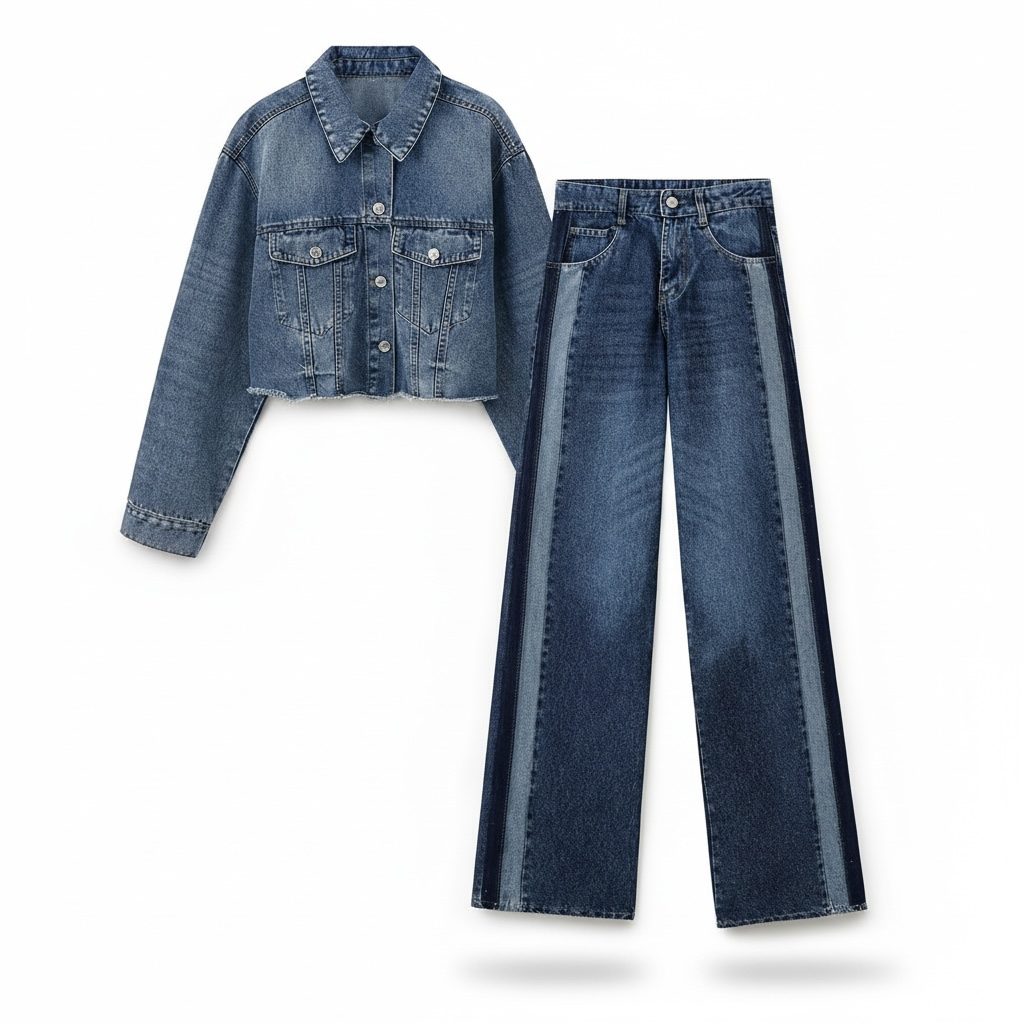 Autumn Women Denim Jacket Mid Waist Wide Leg Jeans Sets Women - Modestly Vogue 