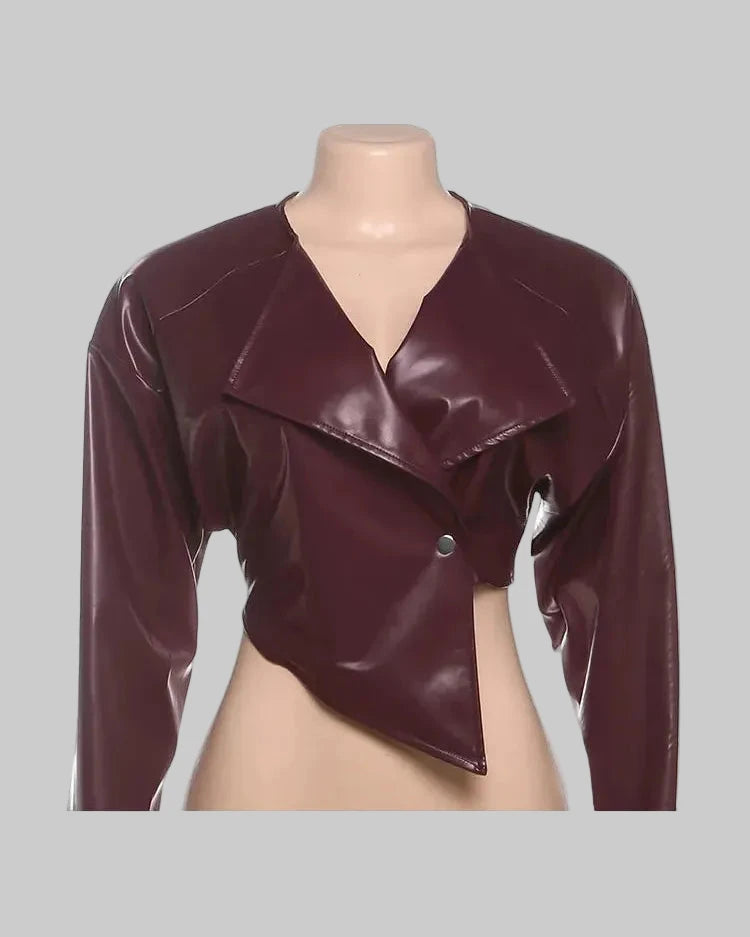 Deep Faux Leather Single Button Crop Jacket for Women - Autumn Trendy