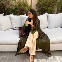 Open Abaya Arabic Long Dress Women Shiny Satin Diamonds Eid Ramadan - Modestly Vogue 
