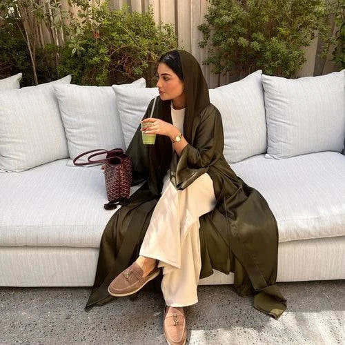 Open Abaya Arabic Long Dress Women Shiny Satin Diamonds Eid Ramadan - Modestly Vogue 