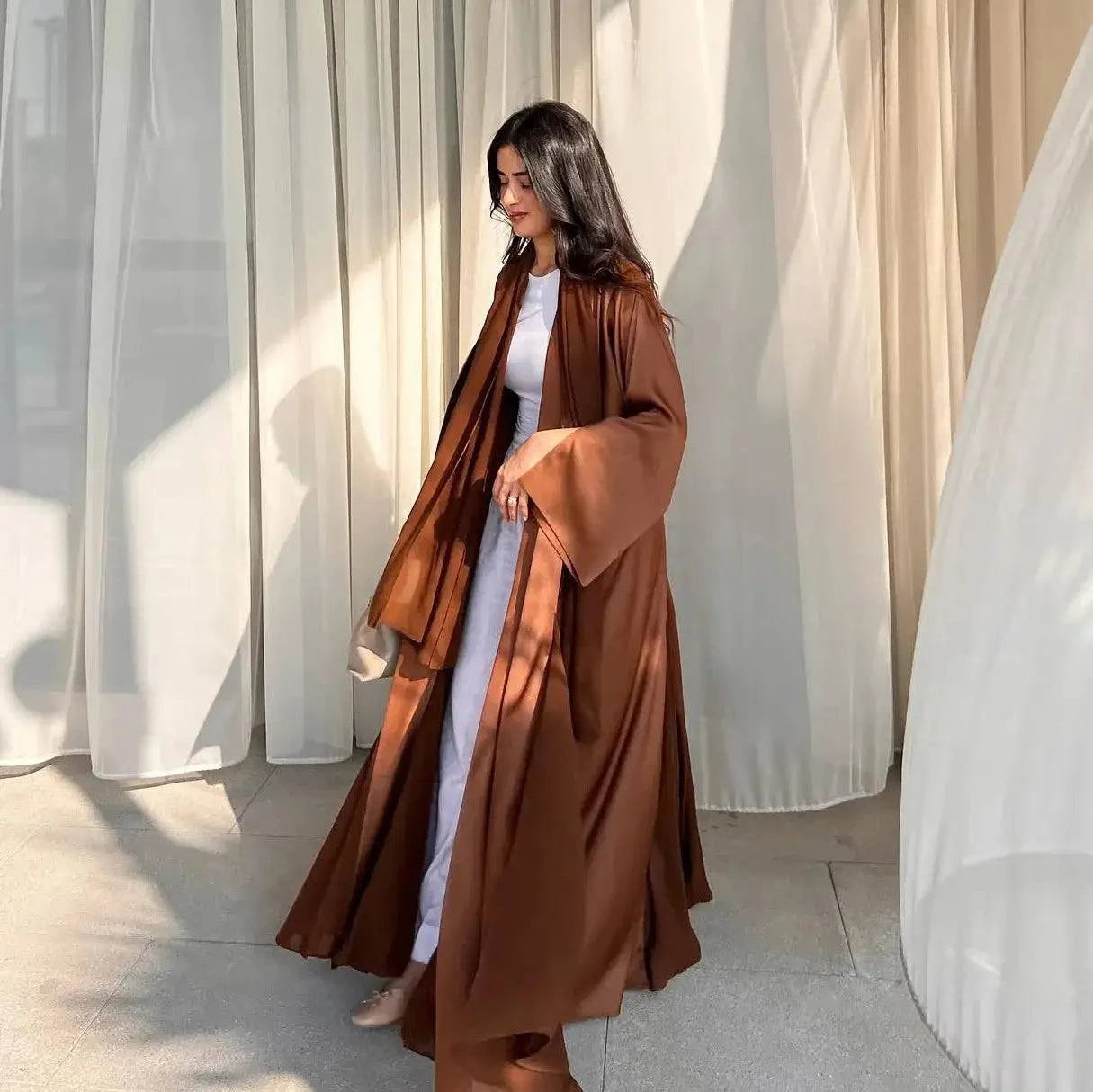 Open Abaya Arabic Long Dress Women Shiny Satin Diamonds Eid Ramadan - Modestly Vogue 