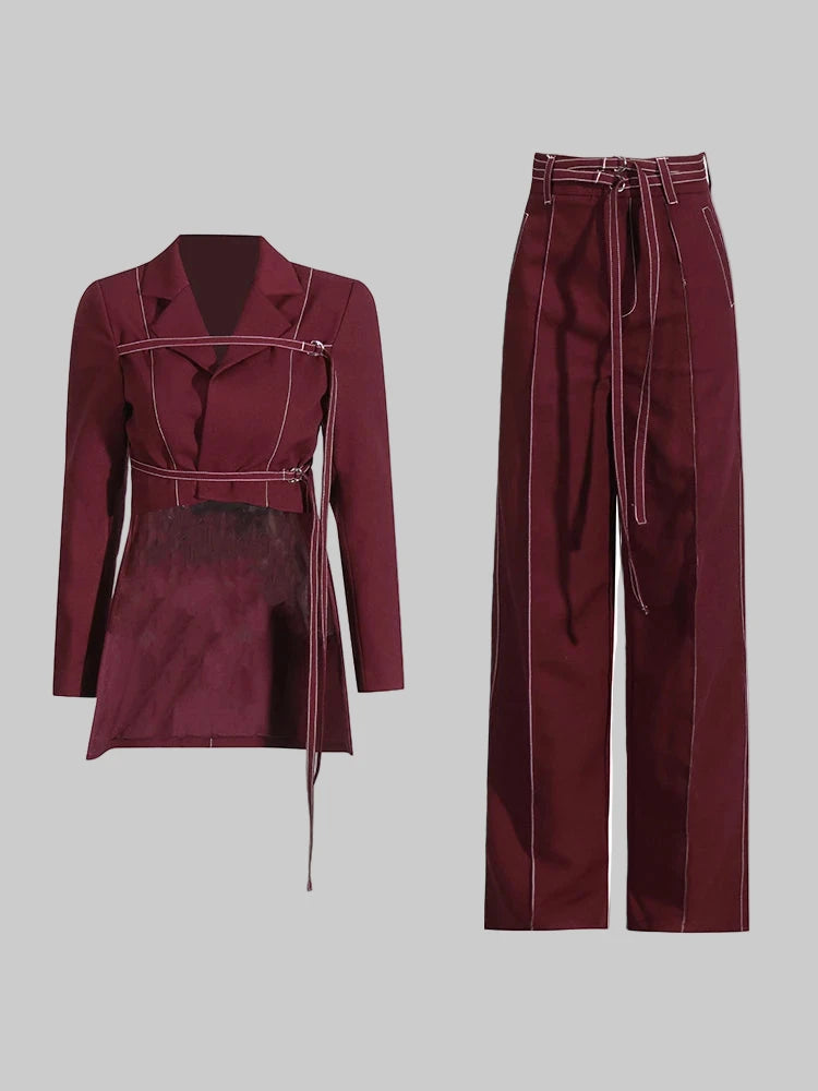 Chic Burgundy Two-Piece Set | Women's Notched Collar Long Style - Modestly Vogue 