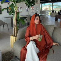 Open Abaya Arabic Long Dress Women Shiny Satin Diamonds Eid Ramadan - Modestly Vogue 