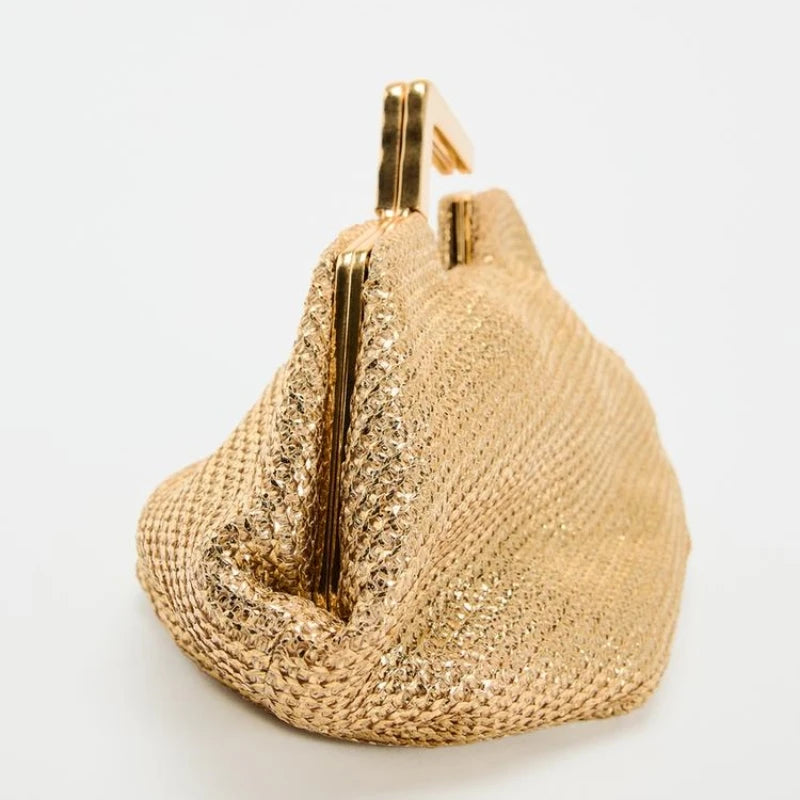 GOLD BAG WITH METAL HANDLE, Woven Handbag for Women, Luxury Designer - Modestly Vogue 
