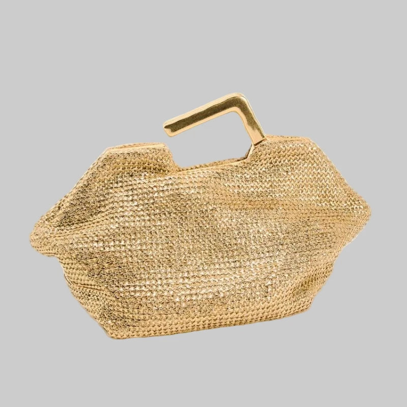 GOLD BAG WITH METAL HANDLE, Woven Handbag for Women, Luxury Designer - Modestly Vogue 