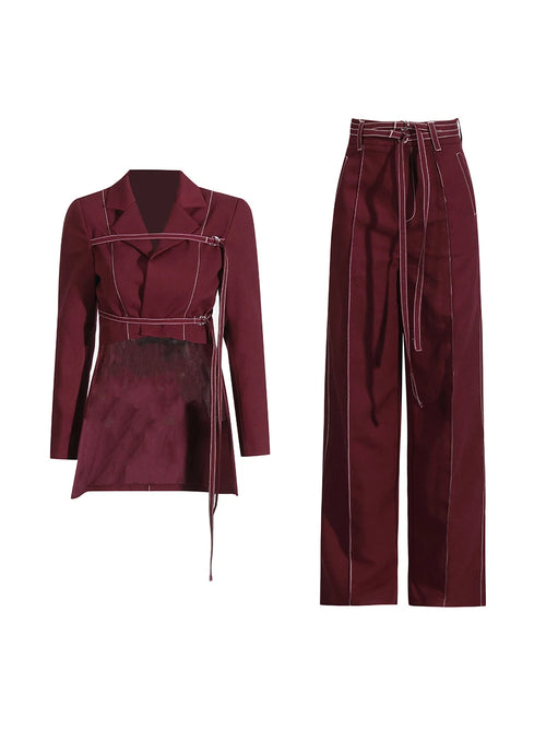 Chic Burgundy Two-Piece Set | Women's Notched Collar Long Style - Modestly Vogue 